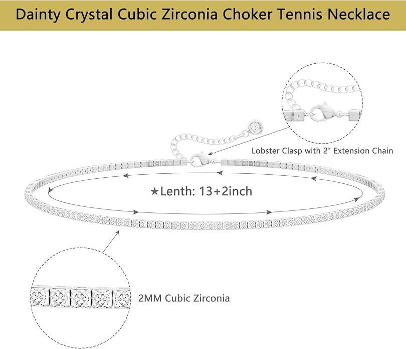 Tennis Necklace for Women, 14K Gold/Silver Plated Rhinestone Choker Necklaces for Women, Dainty Cubic Zirconia Cut Faux Diamond Chain