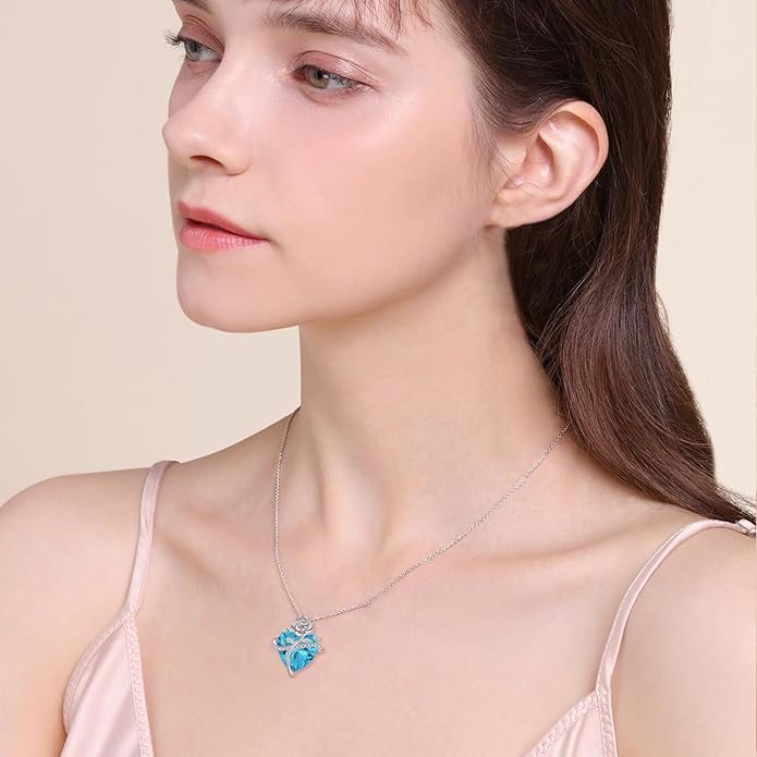 Birthstone Necklace for Women 925 Sterling Silver Love Heart Rose Flower Necklace Dainty Jewelry Gifts for Women Wife Girlfriend Mother Daughter Her