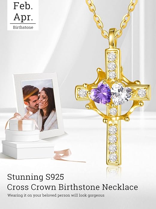 Zeuslia Double Birthstone Necklace Gifts for Wife - 925 Sterling Silver Sunflower/Rose/Crown Cross/Compass/Heart Pendant I Love You Necklace, Anniversary Birthday Gifts for Wife Girlfriend Mom Her