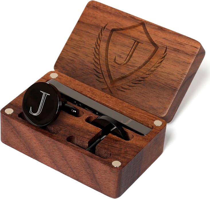 Mens Initial Cufflinks and Tie Clip A-Z Alphabet Letter Black Stainless Cuff Links Tie Bar with Engraved Walnut Wood Box Groom Groomsman Wedding Set