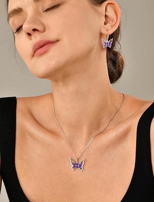 YL Women's Butterfly Necklace 925 Sterling Silver Flower Rose Pendant Birthstone Halo Jewelry
