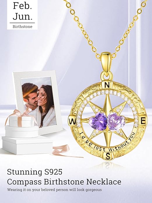 Zeuslia Double Birthstone Necklace Gifts for Wife - 925 Sterling Silver Sunflower/Rose/Crown Cross/Compass/Heart Pendant I Love You Necklace, Anniversary Birthday Gifts for Wife Girlfriend Mom Her
