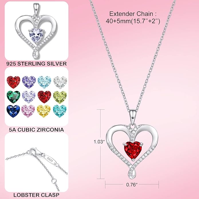 Birthstone Necklace for Women, 18K White Gold Heart Necklace Filled 925 Sterling Silver, Diamond Womens Jewelry Christmas Gifts for Women Wife