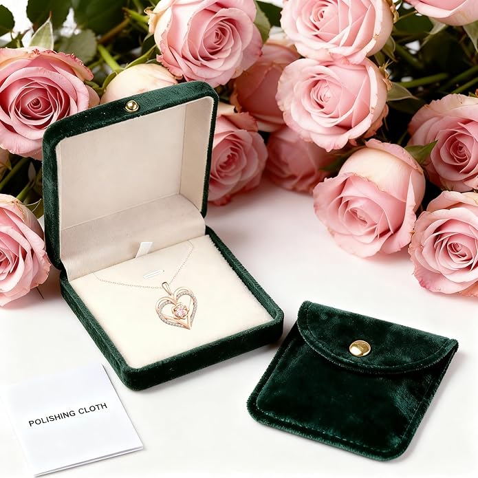 Birthstone Pendant Necklace for Women, Heart Jewelry with Rose Flower Birthday Gift Idea for Wife Girlfriend Mom Friendship on Valentine‘s Day Anniversary Christmas Wedding, 925 Sterling Silver