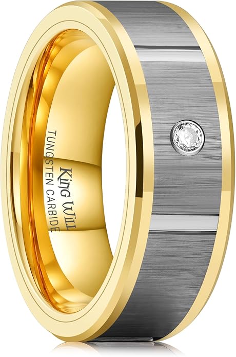 King Will Mens Tungsten Wedding Band with Cubic Zircon Inlay 7mm/8mm Flat Cut Comfort Fit Engagement Rings