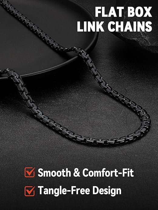 FaithHeart Mens Black/Silver/Gold Stainless Steel Flat Box Link Chain Necklace, Stylish 2/4/6/8mm Width Box Chains Necklaces for Men Non Tarnish Hip Hop Chain Jewelry Gifts,14"-30" Length