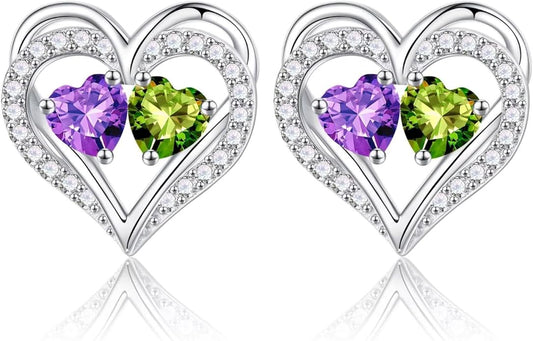 Iefil Birthstone Earrings for Women - 925 Sterling Silver Heart Earrings Anniversary Birthday Gifts for Women Wife Girlfriend Mom