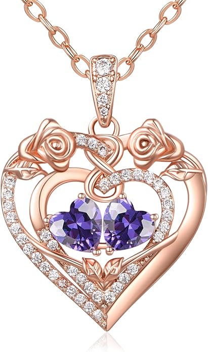 JIYVY32 Rose Heart Necklace for Women Exquisite 925 Sterling Silver Anniversary Birthday Gifts for Wife Mom Her Double Birthstone Pendant Jewelry