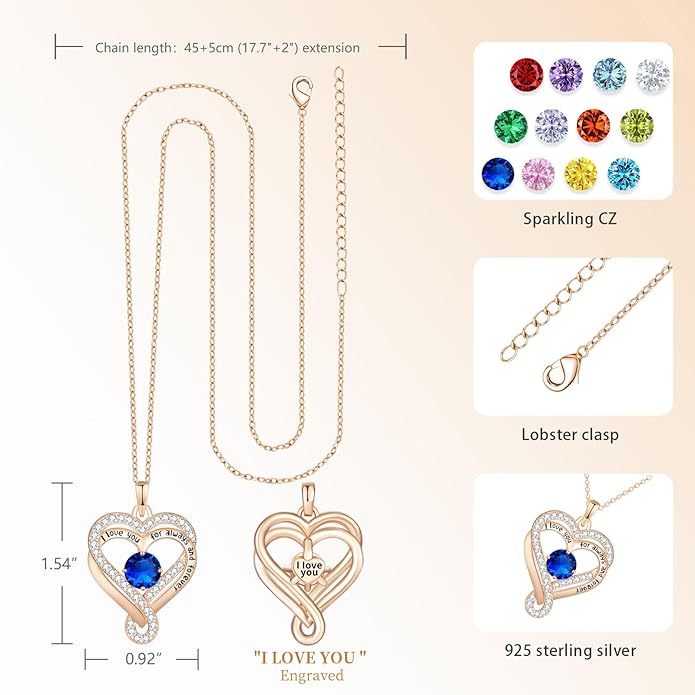 Birthstone Heart Necklaces for Women, Infinity Pendent S925 Sterling Silver Jewelry for Women, Wedding Anniversary, Birthday Mother’s Day Gifts for Mom, Mother, Wife, Girlfriend