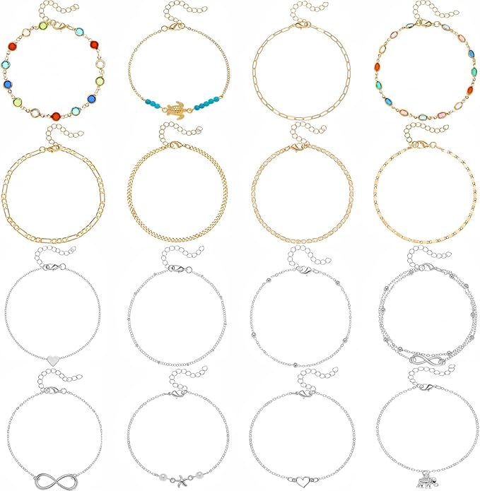 Starain 12Pcs Summer Beach Anklets for Women Waterproof Gold Silver Chain Ankle Bracelets Cute Women's Foot Anklet Set 7.9-10.5 inch Adjustable