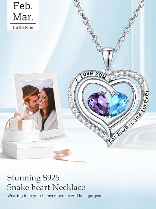 Zeuslia Double Birthstone Necklace Gifts for Wife - 925 Sterling Silver Sunflower/Rose/Crown Cross/Compass/Heart Pendant I Love You Necklace, Anniversary Birthday Gifts for Wife Girlfriend Mom Her