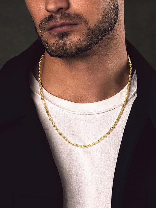 Bandmax Solid 1.5mm/2mm/3mm/6mm Rope Chains for Men Women 14K Gold Plated/Black Plated Stainless Steel Twist Chain 16-30 Inches, with Gift Box