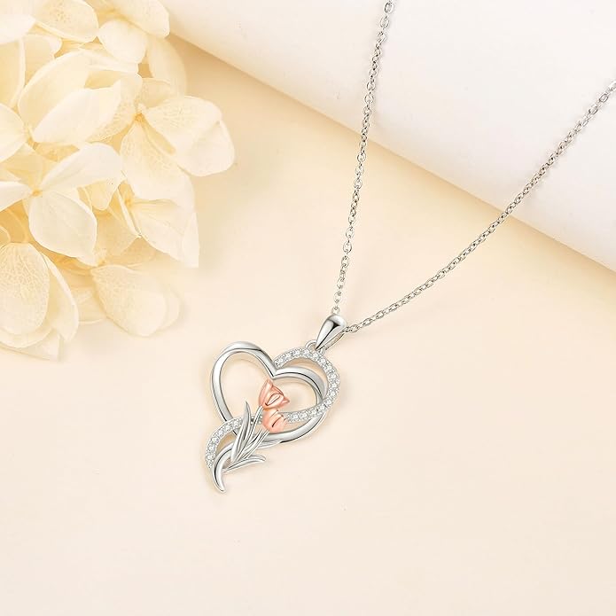 Tulip Sunflower Rose Lily of the Valley Sterling Silver Flower Heart Pendant Necklace Gifts for Women Mother Flower Lover