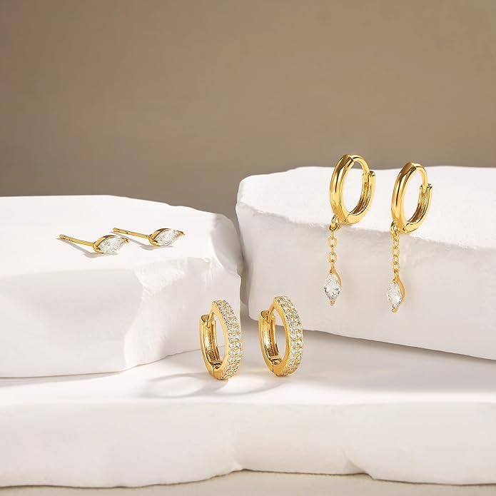 3 Pairs Earrings Set for Multiple Piercings, Gold Plated Studs Hoop Earrings Stack, CZ Dangle Earrings Set, Hypoallergenic for Sensitive Ears, Women's Gift