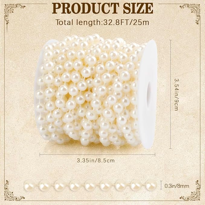 Pearl Beads Garland, 8mm String of Pearls, 32.8FT Pearl Garland for Christmas Tree, Christmas Faux Pearls Strand Roll for DIY Craft Xmas Wedding Party Supplies Flowers Decoration (Ivory)