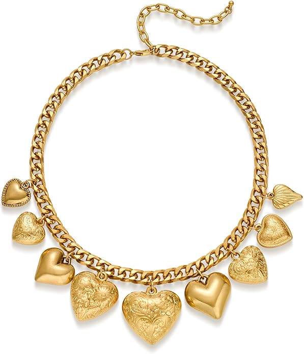 CLASSYZINT Gold Heart Pendant Necklace for Women Puffy Heart Necklace Beads Chain Necklace Statement Necklace Trendy Jewelry