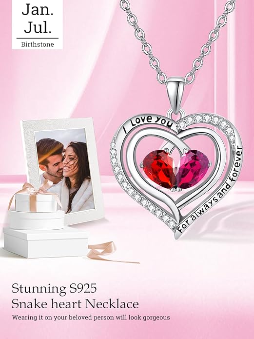 Zeuslia Double Birthstone Necklace Gifts for Wife - 925 Sterling Silver Sunflower/Rose/Crown Cross/Compass/Heart Pendant I Love You Necklace, Anniversary Birthday Gifts for Wife Girlfriend Mom Her