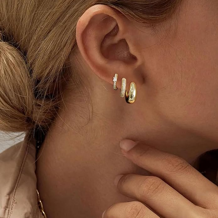 MIDEEO Gold/Sliver Chunky Hoop Earrings Set for Women, 14K Gold Plated Twisted Huggie Hoop Earring Hypoallergenic Thick Open Lightweight Chunky Hoop Earrings Jewelry for Gifts