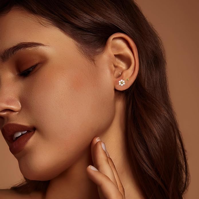 IMBOS Pearl Earrings 14k Gold Plated Daisy Flower Stud Earrings for Women Ball Stud Flat Back Earring Hypoallergenic Statement Earring Trendy Jewelry Gift for Women