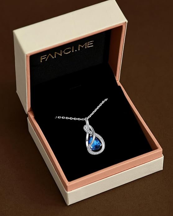 FANCIME TimelessTie Birthstone Necklace for Women White Gold Plated Sterling Silver Ribbon Design Jewelry Knot Pendant Fine Jewelry Gemstone Birthday Graduation Anniversary Christmas Gifts for Women Wife Mother Her