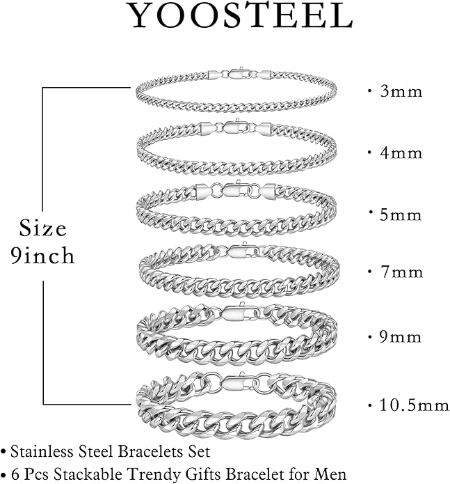 Yoosteel Mens Bracelets - Silver Chain Bracelet Stainless Steel Cuban Link Stack Bracelets Sturdy Rope Paperclip Chains Set 7.5/8.3/9 inches Trendy Jewelry for Men