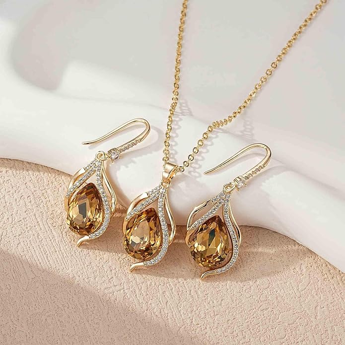 EVEVIC Austrian Crystals Teardrop Hollow Twisted Pendant Necklace Earrings for Women 14K Gold Plated Halo Drop Dangle Earrings Hypoallergenic Jewelry Set