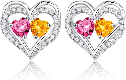 Iefil Birthstone Earrings for Women - 925 Sterling Silver Heart Earrings Anniversary Birthday Gifts for Women Wife Girlfriend Mom