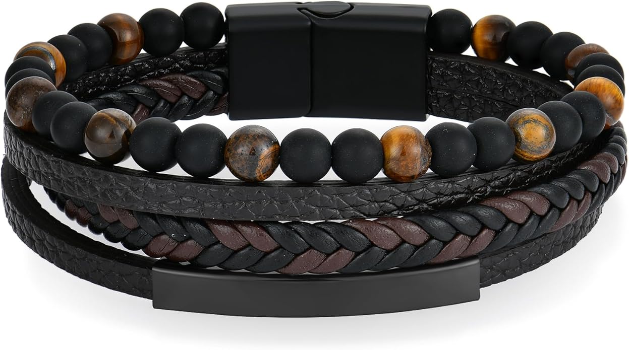 Mens Tiger Eye Matee Black Onyx Lava Rock Volcanic Stone Beaded Bracelet, Black Braided Leather Bracelet for Men