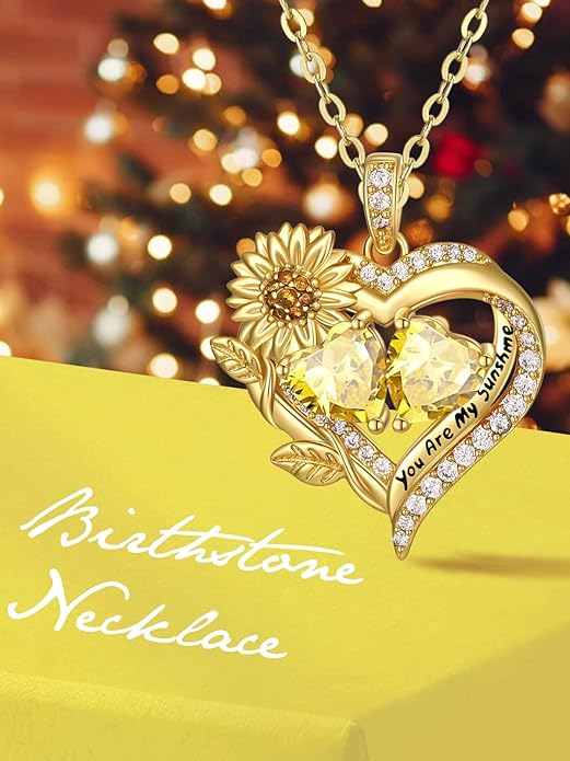 Sunflower Heart Necklace for Women 14K Gold Exquisite Anniversary Birthday Gifts for Wife Mother Her Double Birthstone Pendant jewelry‘You Are My Sunshine’