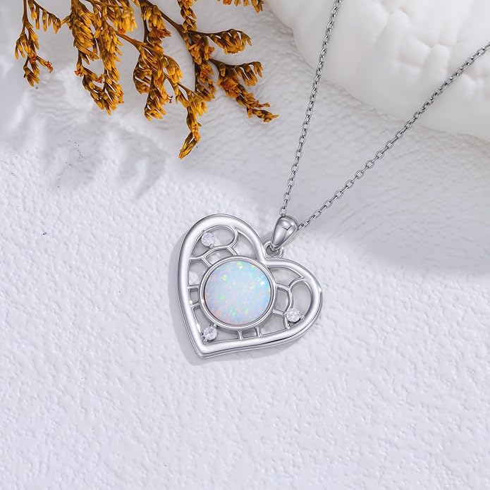 SELKAT 925 Sterling Silver Heart Opal Pendant Necklace for Women, Daily Wear & Anniversary/Birthday Jewelry Gifts for Mom Mother Wife