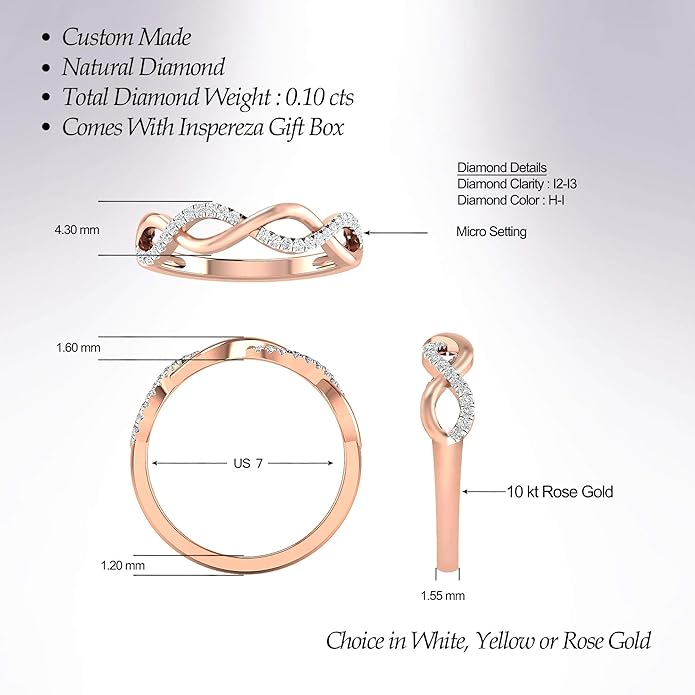 Inspereza Solid 10k Real Gold Minimalist Thin Twist Knot Stackable Diamond Ring | 1/10 Ct TW Real Diamond Engagement Anniversary Wedding Band for Women | Simple Gold Stacking Rings (Size 4-9)