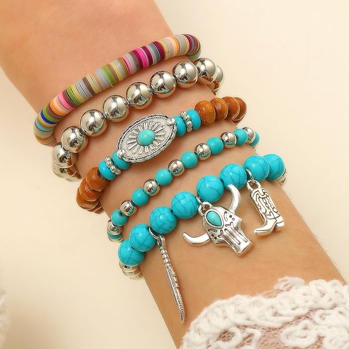 ONLYJUMP Bohemian Mix Bead Multi Layer Versatile Bracelets Set Boho Turquoise Stackable Beaded Strand Stretch Bangles Bracelets Statement Bangle Boho Jewelry Set