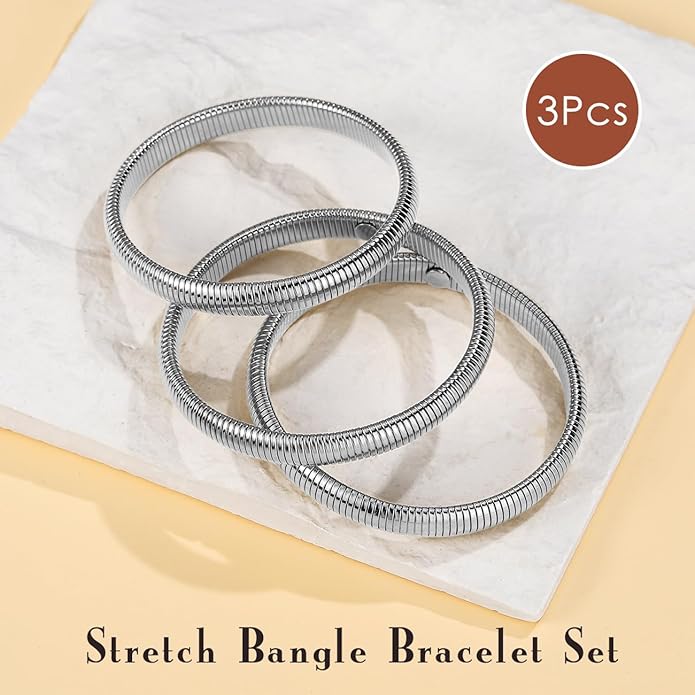 Emibele Gold Bangles Bracelet Set for Women, 18K Gold Plated Chunky Stainless Steel Non Tarnish Stretch Bracelet Stack, Flexible Wide Wristband Bangle Layered Snake Chain Bracelets