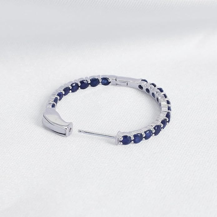 Hoop Earrings with 40 Colored Gemstones, Birthstone Earrings, 925 Sterling Silver Rhodium Plated, Push Back Closure, 1.18'