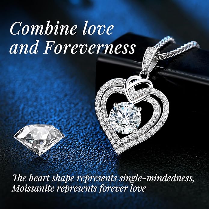 OOBEE Moissanite Heart Necklaces for Women, 1- 4 Carat Moissanite 925 Sterling Silver Gold Plating Fine Women Necklace，Ideal Anniversary Birthday Christmas Valentine Mothers Day Jewelry Gifts for Mom Wife Her Girlfriend