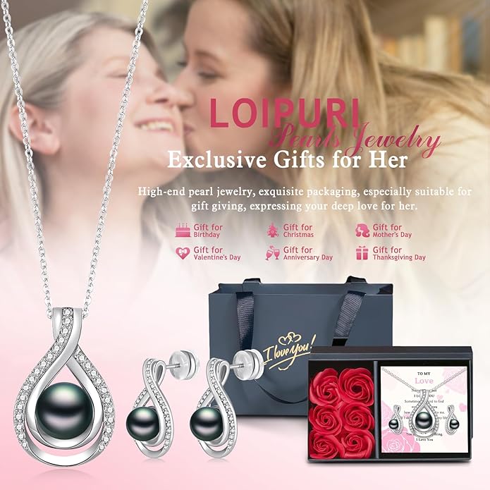 Infinity White Black Pearl Necklace and Earrings Set for Women Gifts for Mom Birthday Mothers Day AAA+ Handpicked Pearl 14K Gold/White Gold Plated Adjustable Jewelry