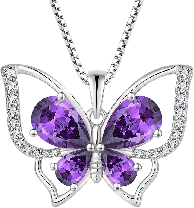 YL Women's Butterfly Necklace 925 Sterling Silver Flower Rose Pendant Birthstone Halo Jewelry
