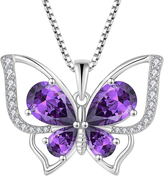 YL Women's Butterfly Necklace 925 Sterling Silver Flower Rose Pendant Birthstone Halo Jewelry