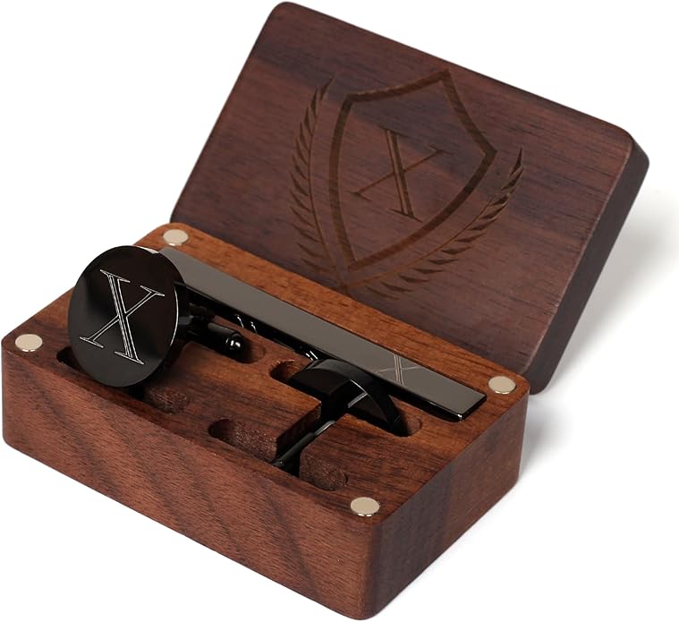 Mens Initial Cufflinks and Tie Clip A-Z Alphabet Letter Black Stainless Cuff Links Tie Bar with Engraved Walnut Wood Box Groom Groomsman Wedding Set