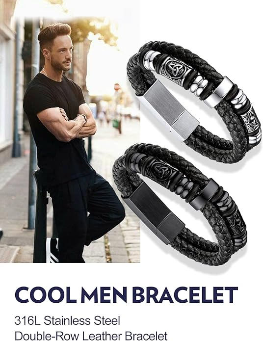 Bandmax Mens Black Double Wax Rope Cuff Bracelets Waterproof Stainless Steel Norse Style Celtic Knot Beads Bracelet Wristband Gift for Men