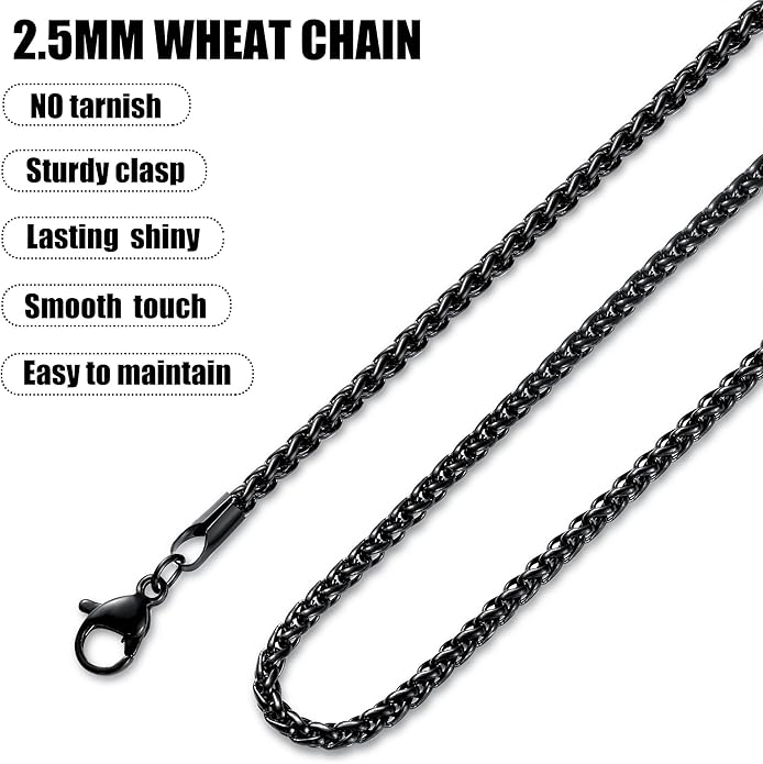 Fiusem Black Wheat Chains for Men and Women, 2/2.5/3/4/5mm Stainless Steel Necklace Chain, Mens Necklace Jewelry Gift 16-28 Inch