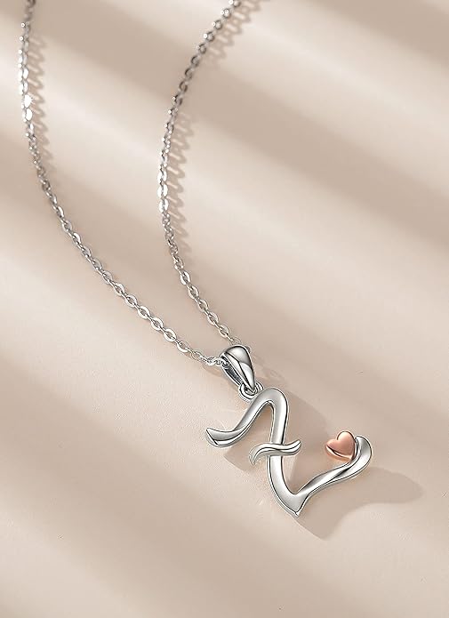 CELESTIA 925 Sterling Silver Initial Necklaces 26 Letter with Rose Gold Heart - 18 Inch Chain