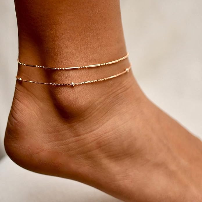 Pencros Dainty Layered Anklet,14K Gold Filled Cute Beads Satellite Chain Heart Boho Adjustable Anklets for Women