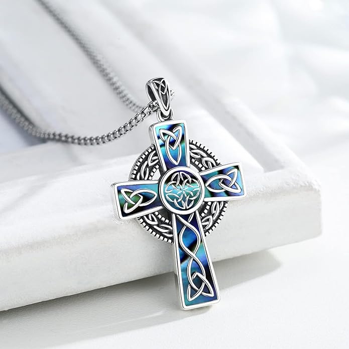 Midir&Etain Celtic Cross Necklace 925 Sterling Silver Cross Pendant Necklace Celtic Viking Irish Jewelry Religious Protective Gift for Men Women