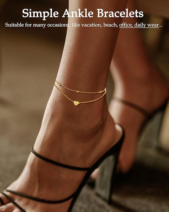 FUNEIA Gold Silver Ankle Bracelets for Women Waterproof 14K Gold Plated Anklets for Women Non Tarnish Dainty Layered Beaded Heart Anklet Set Summer Beach Foot Chain Jewelry Gifts Trendy Stuff