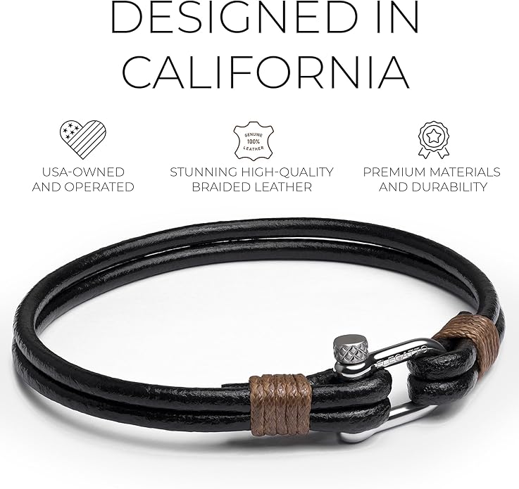 Elegatto Helix Premium Vintage Leather Bracelet for Men | Double Black Leather Strands with Sterling Silver Polished Mini Shackle Closure | Men’s Designer Jewelry