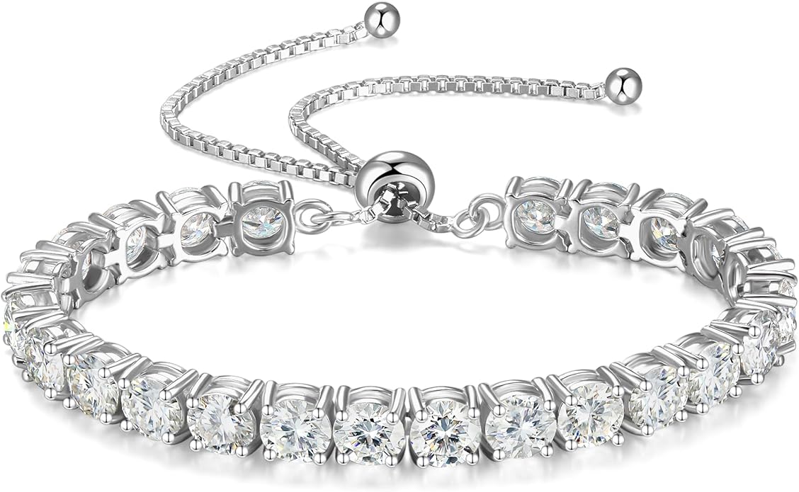 FANCIME Moissanite Tennis Bracelet 1.2ct-12ct Lab Created Moissanite Diamond Bracelets,925 Sterling Silver Adjustable Bolo Tennis Bracelets, 2/3/4/5mm D Color VVS1 Round Cut Moissanite Bracelet for Women