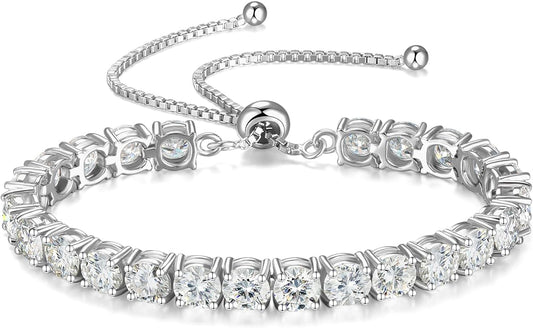 FANCIME Moissanite Tennis Bracelet 1.2ct-12ct Lab Created Moissanite Diamond Bracelets,925 Sterling Silver Adjustable Bolo Tennis Bracelets, 2/3/4/5mm D Color VVS1 Round Cut Moissanite Bracelet for Women