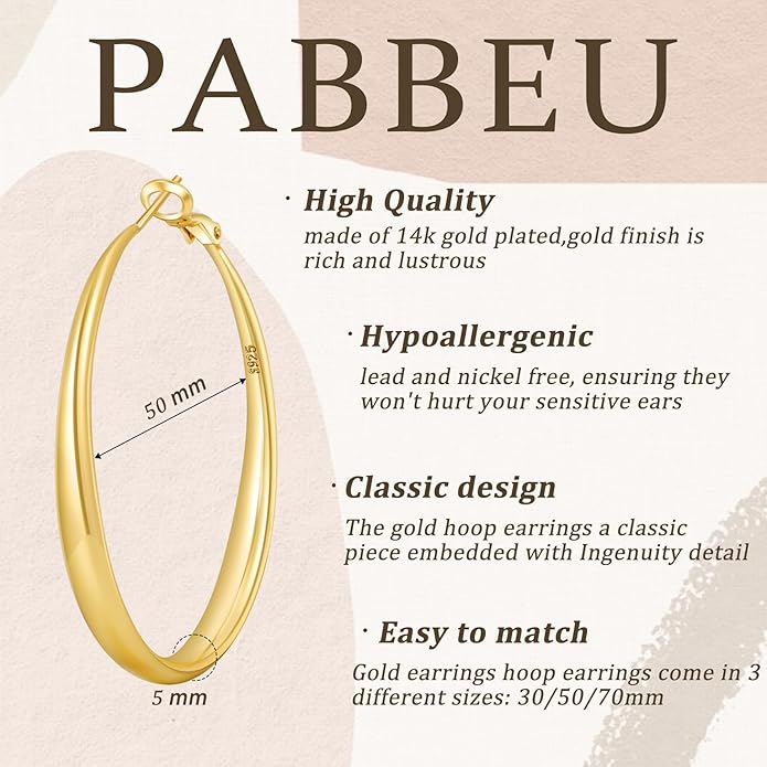 PABBEU S925 SterlingSilver Hoop Earrings Hypoallergenic Silver Hoop Earrings for Women Lightweight Large Sterling Silver Hoops Earring 30/50/70mm