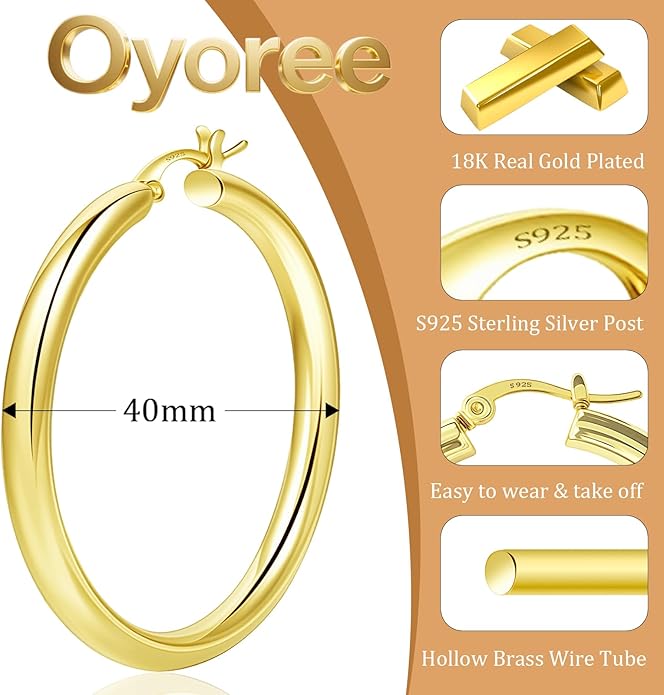 Hoop Earrings for Women, 18K Gold Plated Hoops Earrings, Hypoallergenic Lightweight Comfort Hollow Tube Hoops with Secure Push Lock, Chunky and Sleek Gold Hoops Large Earrings 20/30/40/50/60MM
